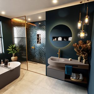 MONDIAZ RIVA 120cm badmeubel onderkast / planchet kleur Dark_Grey met 1 lade. Wastafel DULCET links 1 kraangat kleur Smoke.