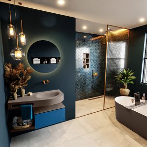 MONDIAZ RIVA 100cm badmeubel onderkast / planchet kleur Jeans met 1 lade. Wastafel DULCET rechts 0 kraangaten kleur Smoke.