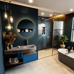MONDIAZ RIVA 120cm badmeubel onderkast / planchet kleur Jeans met 1 lade. Wastafel DULCET rechts 1 kraangat kleur Smoke.