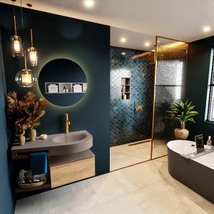 MONDIAZ RIVA 100cm badmeubel onderkast / planchet kleur Washed Oak met 1 lade. Wastafel DULCET rechts 1 kraangat kleur Smoke.