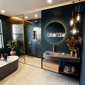 MONDIAZ RIVA 120cm badmeubel onderkast / planchet kleur Washed Oak met 1 lade. Wastafel DULCET links 1 kraangat kleur Smoke.