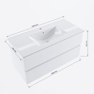 MONDIAZ VICA 100cm badmeubel onderkast Oro 2 lades. Wastafel Denia midden 1 kraangat, kleur Glanzend Wit met spiegel LED.
