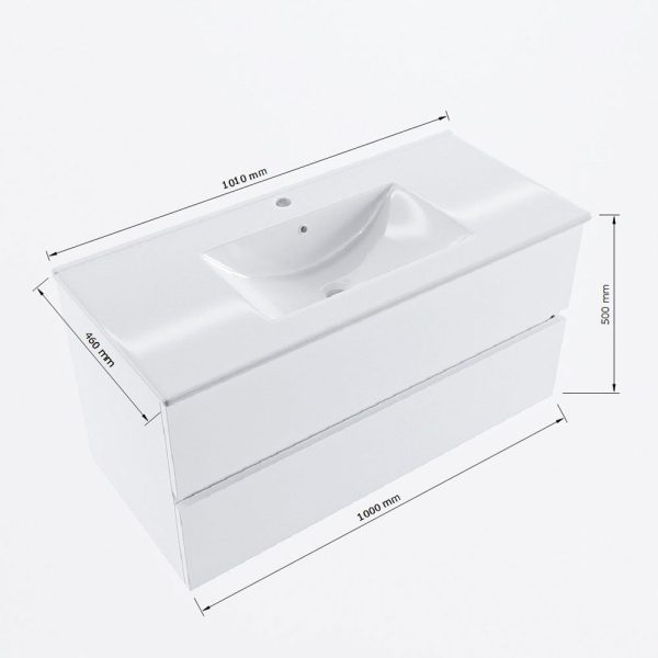 MONDIAZ VICA 100cm badmeubel onderkast Oro 2 lades. Wastafel Denia midden 1 kraangat, kleur Glanzend Wit met spiegel LED.