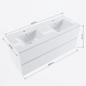 MONDIAZ VICA 120cm badmeubel onderkast Plata 2 lades. Wastafel Denia dubbel 2 kraangaten, kleur Glanzend Wit met spiegel LED.